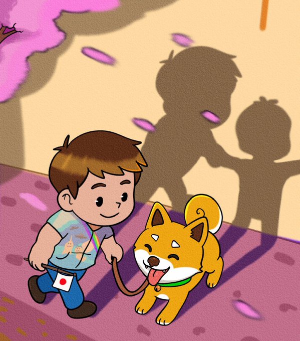 An illustration of a young boy walking a happy orange shiba inu dog, their shadows cast on a wall behind them with pink petals falling.