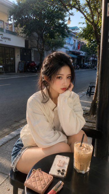 A young woman sits at a café table with an iced coffee and phone, wearing a white shirt and denim shorts on a city street.