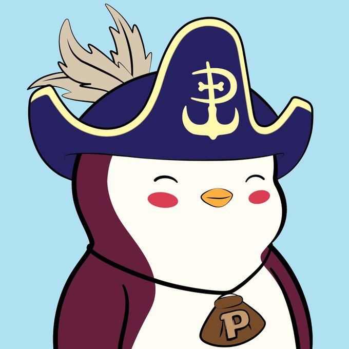 A cartoon penguin mascot wearing a blue pirate hat with a 'P' emblem and a money bag with a 'P' symbol around its neck.