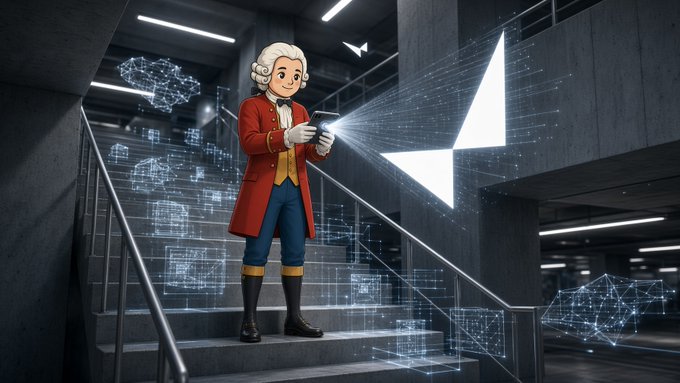 An illustration of a cartoon figure dressed as Mozart holding a phone that projects an Arc logo hologram on a stairway.