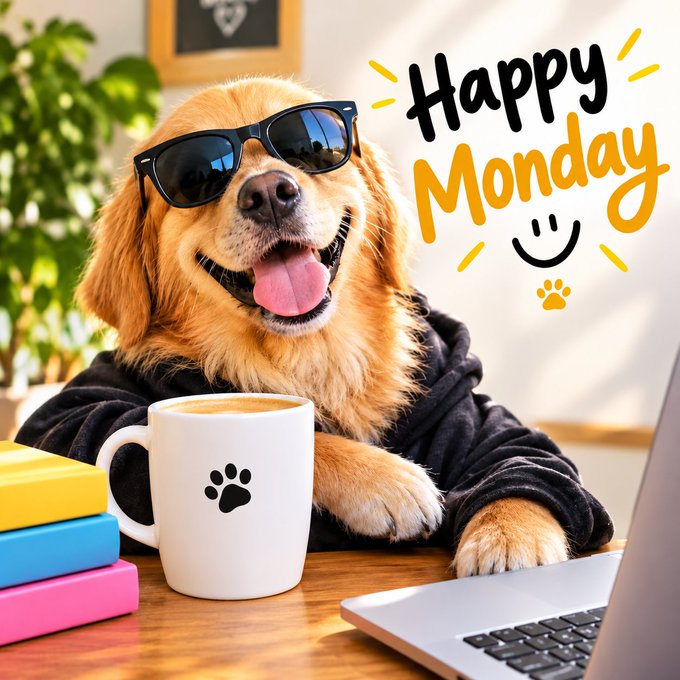A cheerful golden retriever wearing sunglasses and a hoodie sits at a desk with a paw-print mug and laptop, next to 'Happy Monday' text.