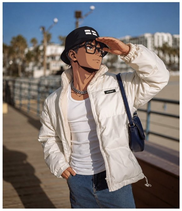 An anime-style illustration of a young man wearing a black cap with glasses, a white puffer jacket, a white tank top, and a blue shoulder bag, shading his eyes with his hand on a boardwalk.