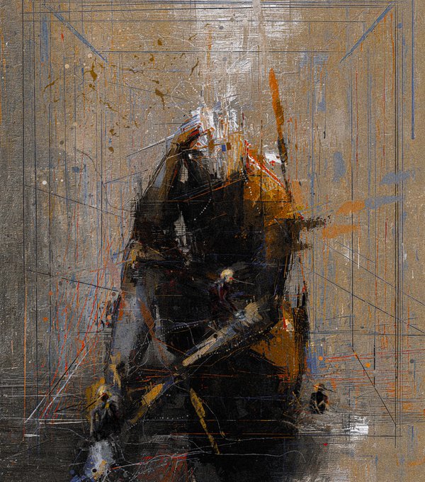 An abstract mixed-media painting featuring dark, heavily textured brushstrokes in black, orange, and gray against a weathered gold background, overlaid with thin geometric perspective lines.