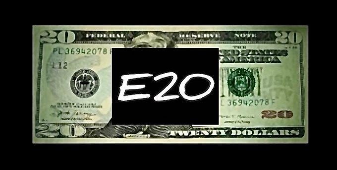 A $20 U.S. bill with serial number PL36942078F is overlaid with a black box displaying "E20" in bold white text, promoting the E20 token — the first ticker on the Solana blockchain (created 6/28/2026) — which the post frames as a unique cryptocurrency tied to the iconic twenty-dollar bill.