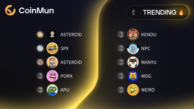 A CoinMun graphic displays the top 10 trending Ethereum meme coins, with $ASTEROID (@MascotAsteroid) and $SPX (@spx6900) holding the #1 and #2 spots, followed by listings of $PORK, $APU, $KENDU, $NPC, $MANYU, $MOG, and $NEIRO, mirroring the accompanying post's leaderboard of trending tokens with their respective handles.