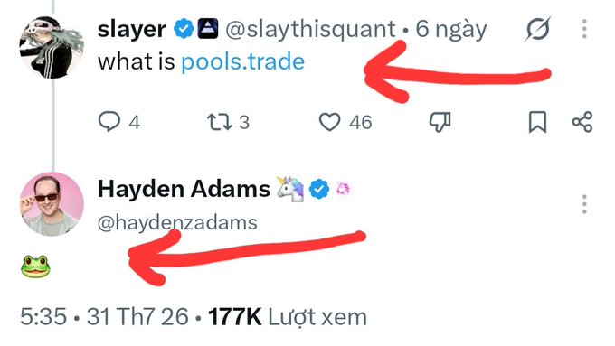 A Twitter/X exchange where user @slaythisquant asks 'what is pools.trade', and Hayden Adams (@hayenzadams) responds with a Pepe frog emoji.