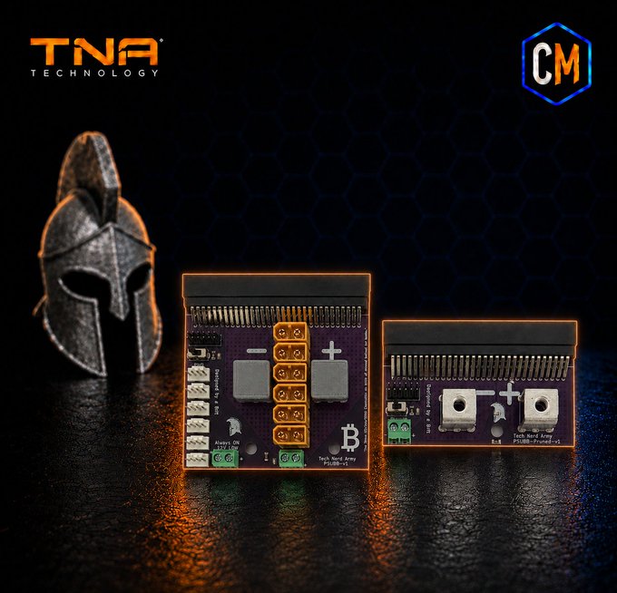 Promotional image for TNA Technology featuring a Spartan-style helmet alongside two power distribution circuit boards labeled 'Tech Hard Assy P32B-15' and 'Tech Hard Assy P32B-17' with a CM logo.