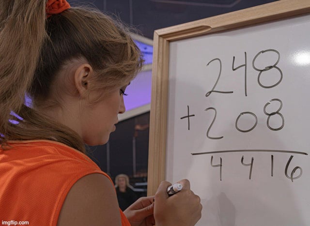 A young girl with a red bow writes on a whiteboard showing the math problem "248 + 208 = 4416," highlighting how even simple addition can go hilariously wrong—just like trying to budget sats for Bitcoin while still affording ramen before payday.