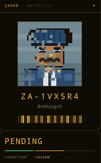 A pixel art character profile shows a ZADDR WHITELIST entry with ID 'ZA-1VX5R4' by '@smhaygn5' in PENDING review status.