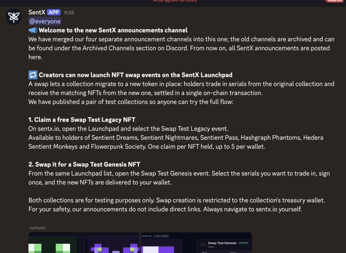 A Discord announcement from SentX (APP) welcoming users to a new announcements channel and detailing how creators can launch NFT swap events on the SentX Launchpad.