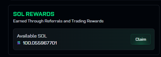 The image shows a "SOL REWARDS" dashboard displaying an available balance of 100.055987701 SOL with a "Claim" button, confirming the user's claim of earning over 100 $SOL in cashback through trading referrals on Trojan, which they are now giving away to a follower.