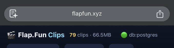The image shows a mobile browser displaying "flapfun.xyz" with the site branding "Flap.Fun Clips" highlighting 79 clips at 66.5MB, alongside a database label "db:postgres." This relates to the post by showcasing the Flap.Fun website where players can engage with Tap or Voice modes on-chain to wager or play for free and win real $SOL.