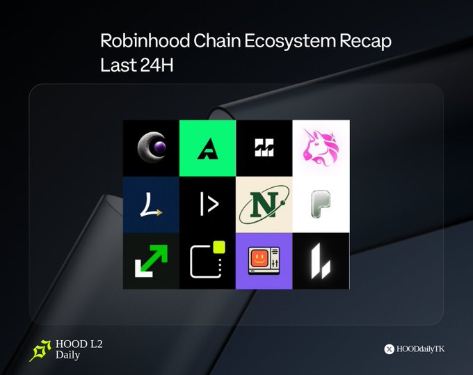 A 'Robinhood Chain Ecosystem Recap Last 24H' graphic by HOOD L2 Daily, displaying a grid of various cryptocurrency project logos including what appears to be The Graph (GRT), Aave (AAVE), and Uniswap (UNI).