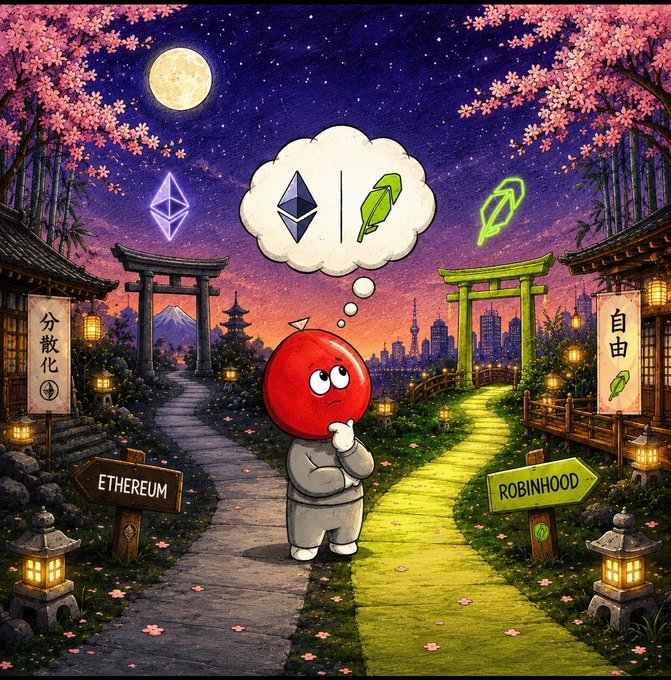 A red mochi-like character stands at a crossroads pondering between the Ethereum and Robinhood Chain paths, shown with their respective logos and "ROBINHOOD" / "ETHEREUM" signs under a starry, cherry-blossom sky.

The image visualizes the community vote between launching on Ethereum versus Robinhood Chain, matching the post's call for the community to choose the launch path.