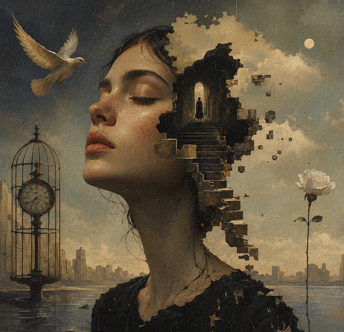 A surreal portrait of a woman with closed eyes, her face dissolving into floating stone steps that ascend toward a small distant figure standing at a bright doorway, set against a dreamlike sky with a flying dove, a moon, a birdcage clock, and a single white rose. The imagery embodies the post's contemplative message about the journey of self-discovery—the fragmented mind, the winding path, and the symbolic rose and dove hinting at hope and transcendence awaiting those who "keep walking."