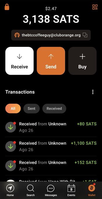 Screenshot of a Bitcoin lightning wallet showing a balance of 3,138 SATS ($2.47) at thebtccoffeeguy@cluborange.org with recent received transactions.