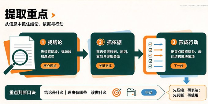 A Chinese infographic titled “提取重点” presents a three-step method: “1 找结论” (find the conclusion), “2 抓依据” (identify supporting evidence), and “3 形成行动” (form an action), emphasizing “核心观点,” “关键支撑,” and “下一步.” It relates to the post about Primus Labs’ PoR architecture by illustrating how to extract claims, evidence, and actions—akin to assessing the “two gaps” in zkTLS and Perena USD’s proof-of-reserves architecture.