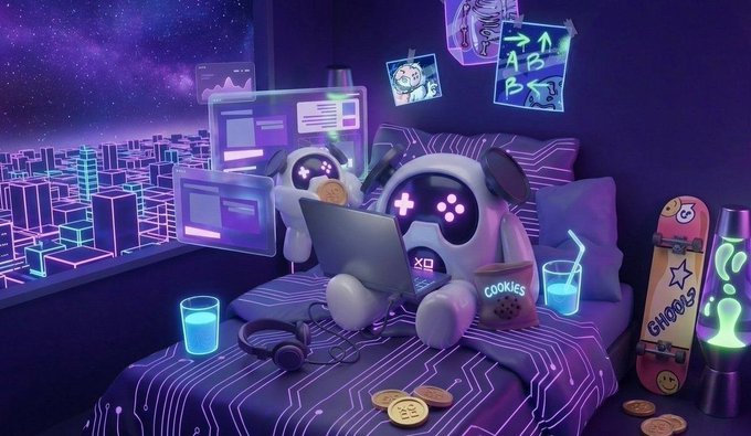 urns of gold and purple, a laptop, a cookie jar, and a skateboard are arranged on a bed with a blue and purple striped comforter.
