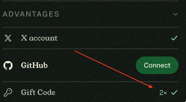 The image displays an Arsenal-themed "Vouch" page featuring a "Gift Code" section marked with a red "2× ✓" indicator, highlighted by a red arrow, demonstrating the point-multiplying feature mentioned in the post about doubling points on the @commonsmade platform.