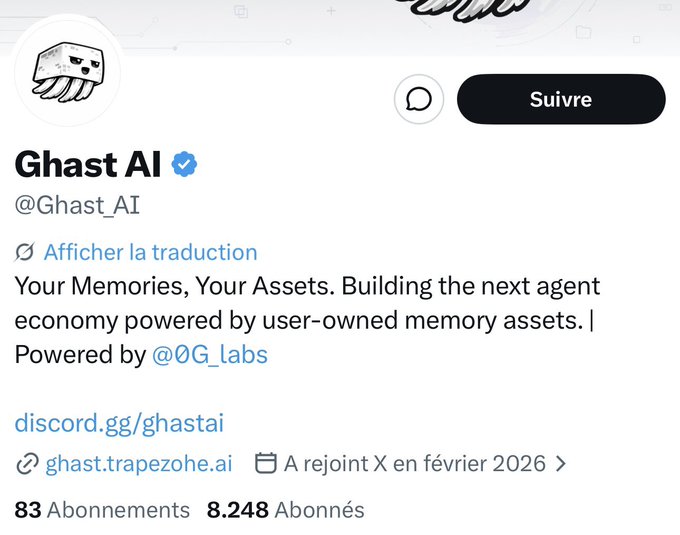 The image shows the Twitter/X profile of @Ghast_AI, a verified account with 8,248 followers and 83 following, describing itself as "Your Memories, Your Assets. Building the next agent economy powered by user-owned memory assets. Powered by @0G_Labs." This aligns with the post's mention of Ghast AI's interesting project powered by 0G Labs, as the profile confirms the connection between the two.