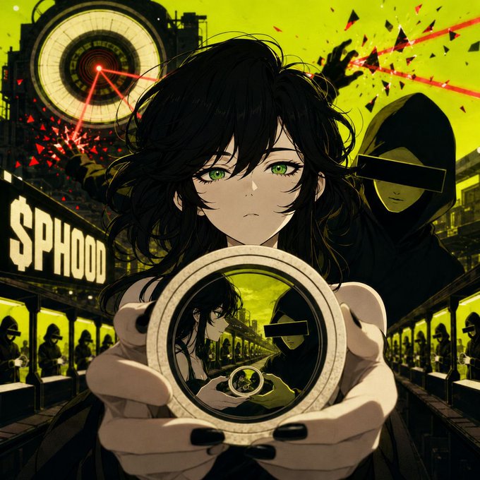 An anime-style illustration features a dark-haired girl with green eyes holding a circular object reflecting another figure, with '$PHOOD' text visible and a hooded figure behind her against a yellow industrial backdrop.