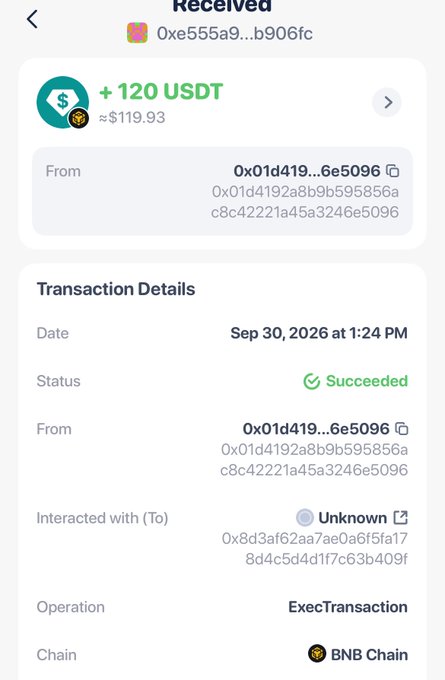 A cryptocurrency wallet screenshot showing a successful receipt of '+120 USDT' (~$119.93) via ExecTransaction on BNB Chain, dated Sep 30, 2026.