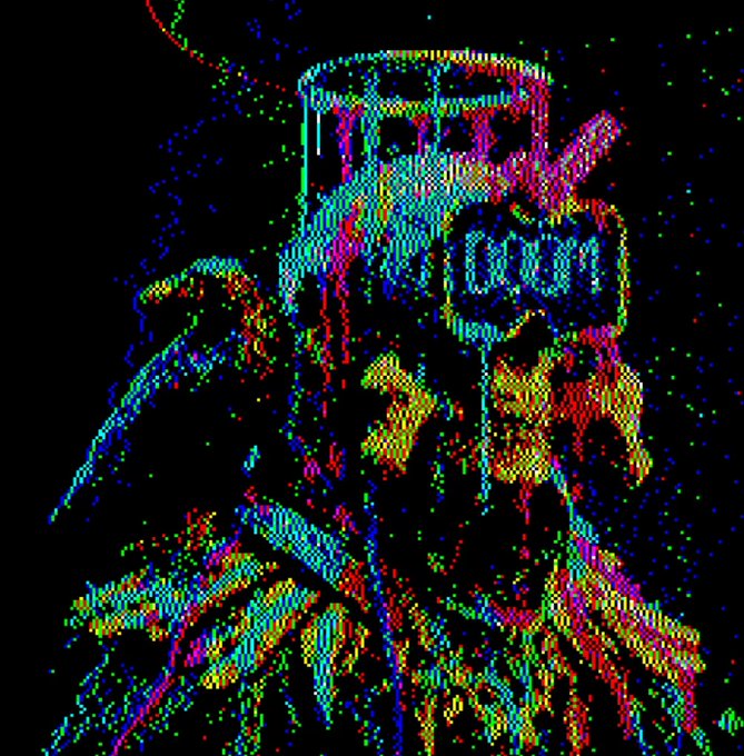 A vibrant, glitch-art style digital portrait rendered in neon rainbow pixels against a black background, depicting a hooded skeletal figure with skull-like facial features. The pixelated, colorful aesthetic aligns with the post's celebration of discovering this striking NFT artwork from the @DoomsayersNFT collection by artist @xrmxart.