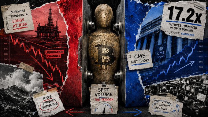 A dramatic collage depicts a Bitcoin symbol locked behind a vault door, flanked by torn-paper annotations showing "OFFSHORE FUNDING + LONGS AT RISK," "LIQUIDATION CHANNEL," "RATE SPREADS WIDENING," "SPOT VOLUME THE TRIGGER," "CME NET SHORT," "17.2x FUTURES TURNOVER VS SPOT VOLUME SOURCE: COINGLASS," and "INSTITUTIONAL BIG SUPPORT BUILDING," visually illustrating the article's point about how Bitcoin's $47.88B open interest reveals conflicting bets—positive funding versus CME leveraged funds holding 7,052 net short contracts—meaning rising OI alone doesn't dictate market direction.