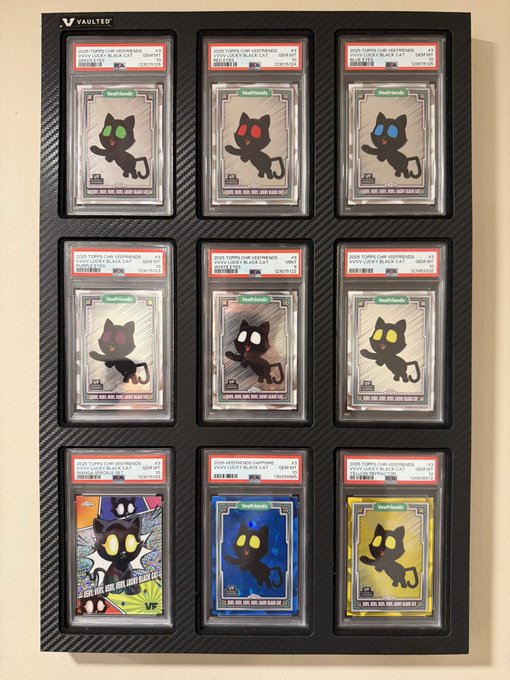 A display of Vaulted graded PSA cards featuring a black cat illustration in various colors (green, red, blue, pink, black, yellow, gold) in a 3x3 grid.