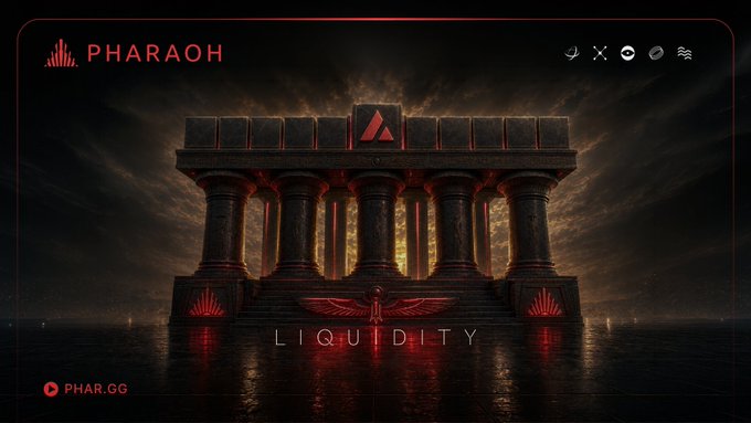 A dark, dramatic digital artwork titled 'PHARAOH' featuring a grand temple structure with red accents, with the word 'LIQUIDITY' and 'PHAR.GG' displayed on the screen.