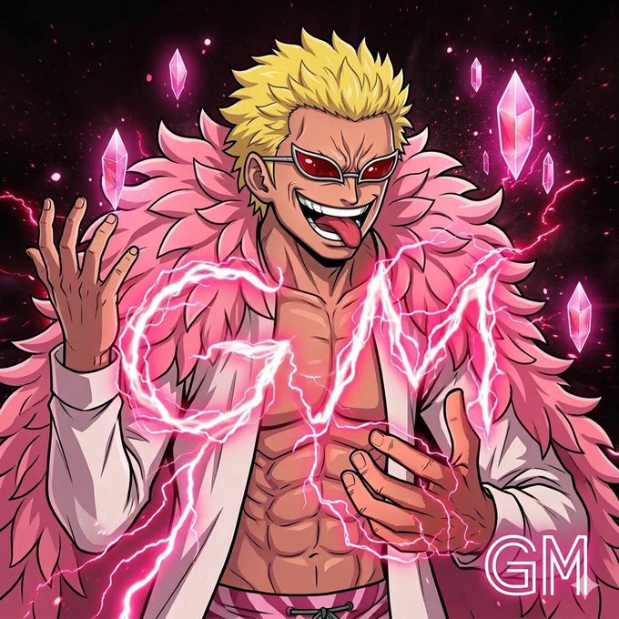An anime-style character with spiky blonde hair, red sunglasses, and a pink feathered coat channels pink electric lightning through his hands, surrounded by floating crystals, with the watermark "GM" visible in the corner—visually echoing the "Good morning diamond hands" greeting through the prominent diamond imagery and bullish, energetic pose.