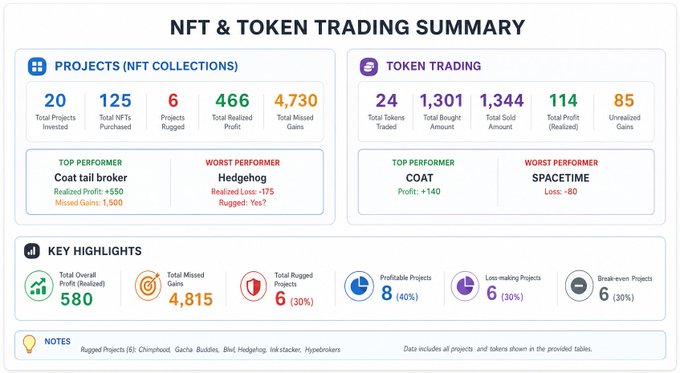 NFT & Token Trading Summary dashboard showing 20 total projects invested, 125 total NFTs purchased, 6 projects rugged, with top performer 'Coat tail broker' (+$550 profit, $1,500 missed gains) and worst performer 'Hedgehog' (-$175 loss).