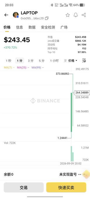 A Binance app screenshot shows the $LAPTOP token trading at $243.45 (up 370.72%) with a candlestick chart depicting a sharp pump from a low of $1.24441 to a high of $373.86092, satirizing the joke post about buying $LAPTOP "first thing" only to watch it immediately crash from its peak.