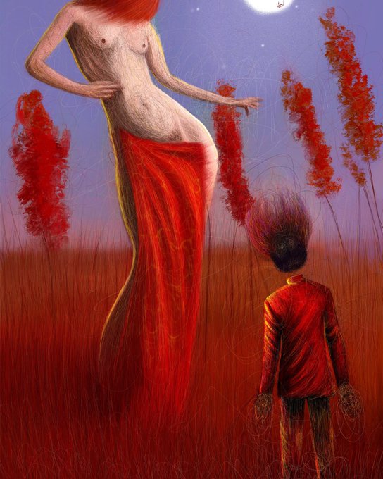 This image portrays a surreal encounter in a field under a crescent moon. A tall, nude female figure with prominent red hair, wearing a bright red skirt, stands next to a much smaller child dressed entirely in red, who seems to be staring at her with curiosity. The color red is prominent throughout, suggesting a shared thematic connection between the two figures, and the moon in the background adds a mystical element to the scene. The accompanying post says "GM," which could be interpreted as an abbreviation for "General Manager," potentially relating to the leadership or a creator behind this artwork. However, without additional context or text in the image to tie this caption directly to the post, the relationship between the image and the "GM" is open to interpretation.