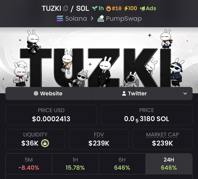 A screenshot of the TUZKI/SOL token page on PumpSwap via Solana, displaying a price of $0.0002413, market cap of $239K, and liquidity of $36K, with notable gains of 646% over both 6 hours and 24 hours. The dashboard also ranks TUZKI at #10 and 1 hour trending at #1, supporting the post's bullish sentiment about the token's rapid rise.
