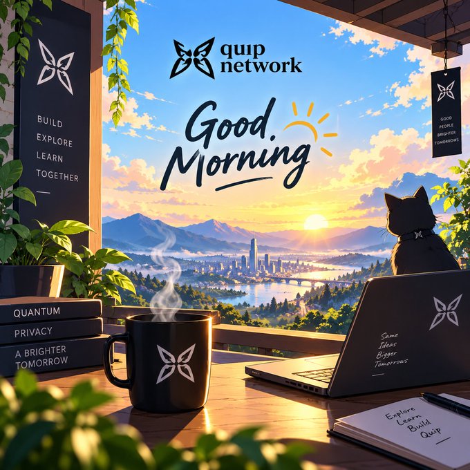 A digital illustration shows a wooden desk with a steaming 'Quip Network' branded mug, a laptop, and stacked books with motivational text ('BUILD EXPLORE LEARN TOGETHER', 'QUANTUM PRIVACY A BRIGHTER TOMORROW'), overlooking a city and mountains at sunrise with 'Good Morning' and 'quip network' displayed, alongside a cat.