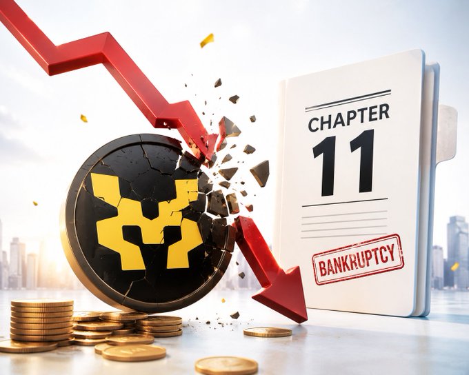 A 3D rendering depicting a Binance coin (BNB) being crushed by a downward red arrow next to a bankruptcy document labeled 'CHAPTER 11 BANKRUPTCY'.