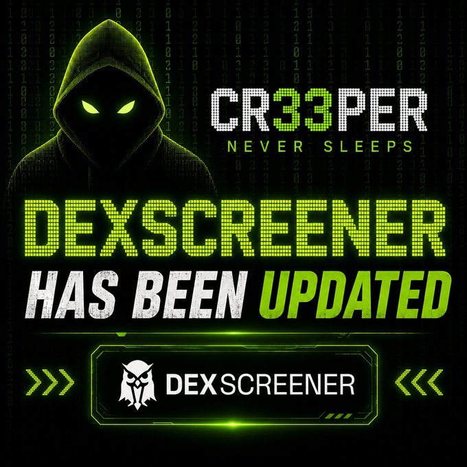 A hooded figure with glowing green eyes stands against a digital binary code background, accompanied by the text "CR33PER NEVER SLEEPS" and "DEXSCREENER HAS BEEN UPDATED," with a button-style "DEXSCREENER" logo at the bottom.