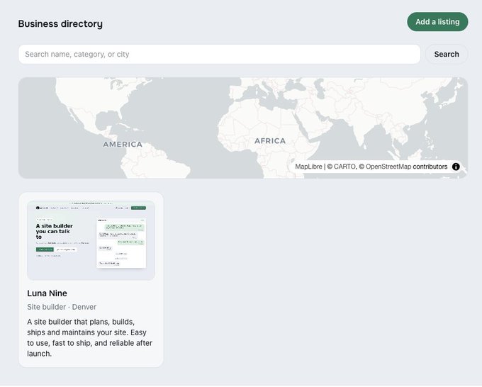 A 'Business directory' webpage featuring a map of the Americas and Africa, with a listing for 'Luna Nine,' a site builder based in Denver.