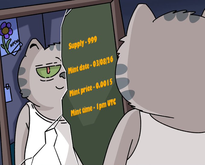 A cartoon cat looks in the mirror, displaying mint details: Supply 999, Mint date 03/08/16, Mint price 0.0015, Mint time 1pm UTC.