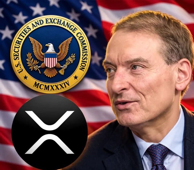 A news-style graphic featuring a man in a suit against an American flag backdrop, alongside the U.S. Securities and Exchange Commission seal and the XRP logo, suggesting coverage of XRP and SEC-related regulatory news.