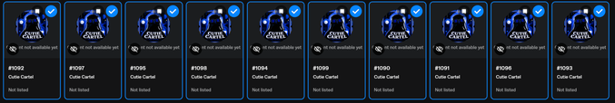 A row of nine identical digital card listings displays 'Cutie Cartel' items marked as 'Not listed yet' with unavailable purchase options.