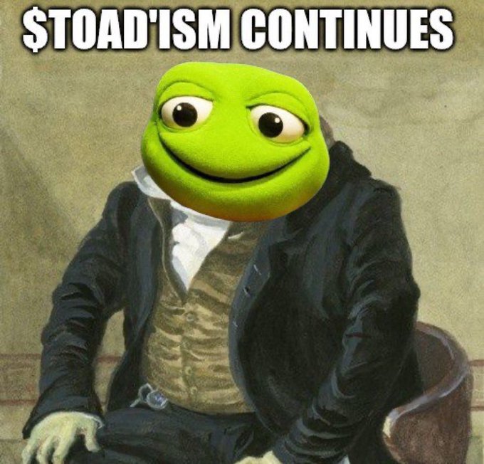 A meme image with text '$TOAD'ISM CONTINUES' featuring a classical portrait painting whose head has been replaced with a green Pepe frog character.