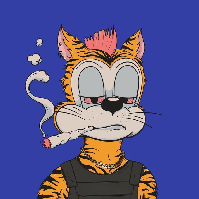 A cartoon illustration depicts an orange and black striped tiger character with a pink mohawk, wearing a black tactical vest and gold chain, smoking a blunt with a tired expression against a solid blue background.