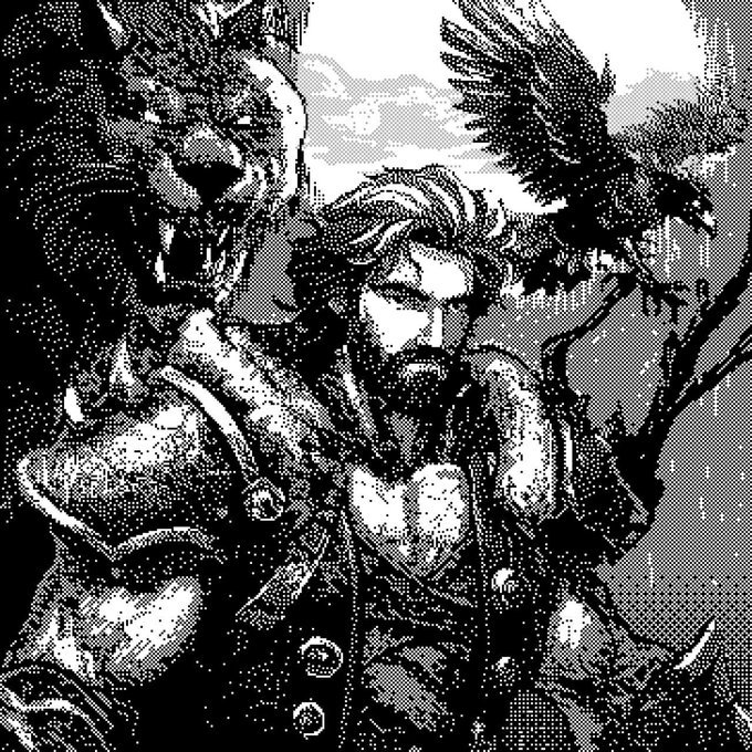 Black and white pixel art showing a bearded man in armor with a crow or raven perched beside him.