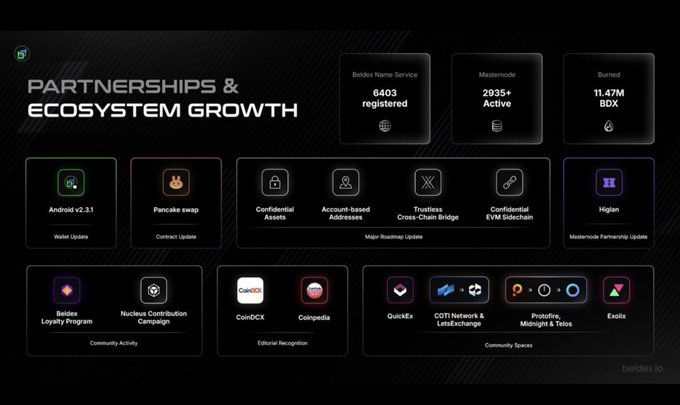 A Beldex ecosystem dashboard titled 'PARTNERSHIPS & ECOSYSTEM GROWTH' displays metrics including 6403 Beldex Name Service registrations, 2935+ Mastenode Active, and 11.47M BDX burned, along with various partner logos.