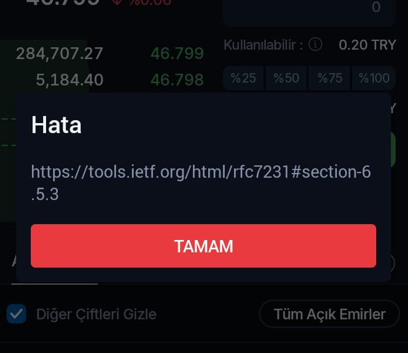 The image shows a BTCTurk error modal displaying "Hata" (Error) with a link to the IETF RFC 7231 specification, accompanied by a Turkish "TAMAM" (OK) button. This illustrates the post's criticism of BTCTurk's poor error handling, where users are shown a raw technical document link instead of a user-friendly error message.