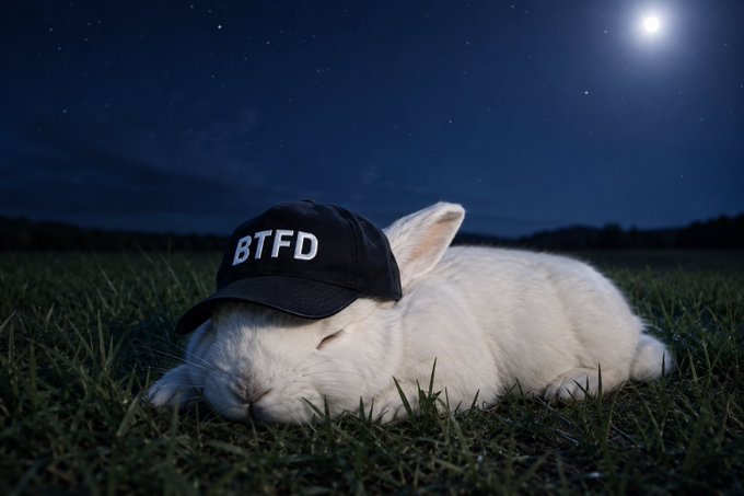 A white rabbit wearing a black cap with 'BTFD' written on it sleeping in grass under a starry night sky with a bright moon.
