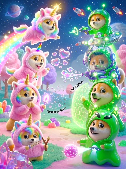 A colorful, whimsical AI-generated illustration featuring cute Shiba Inu dogs dressed as unicorns and aliens in a fantasy candy-land setting, with playful text including '*SPARKLE-POOF!*' and '*ZAP-BUBBLE!*'.