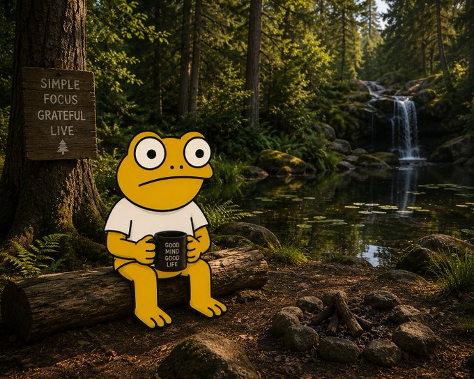 A cartoon frog character wearing a white shirt sits on a log in a forest, holding a mug that reads 'GOOD MIND GOOD LIFE'. A wooden sign nearby displays 'SIMPLE FOCUS GRATEFUL LIVE' with an arrow pointing to the frog, with a waterfall in the background.